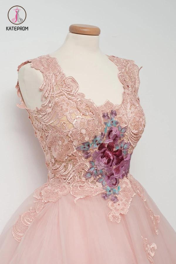 A-Line V-Neck Pink Cocktail Dress,Tulle Homecoming Dress with Appliques,Short Prom Dresses KPH0142