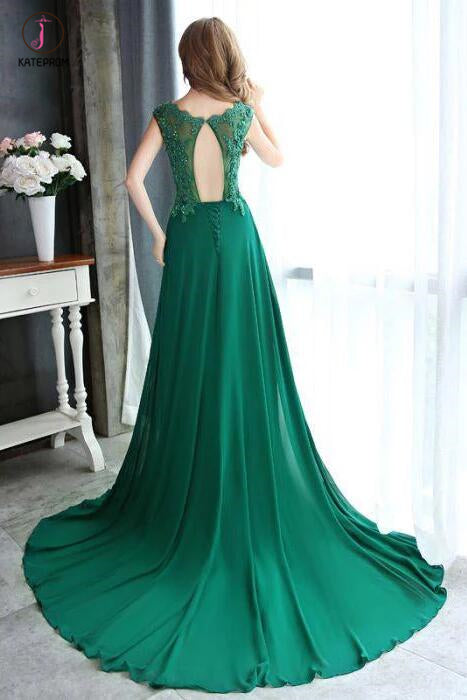 A-line Dark Green Cap Sleeve Scoop Applique Chiffon Long Prom Dress with Beaded KPP0373