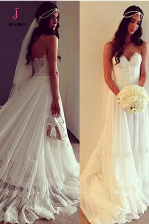 Boho Sweetheart Lace Appliques A Line Ivory Wedding Dress, Beach Wedding Dress KPW0435