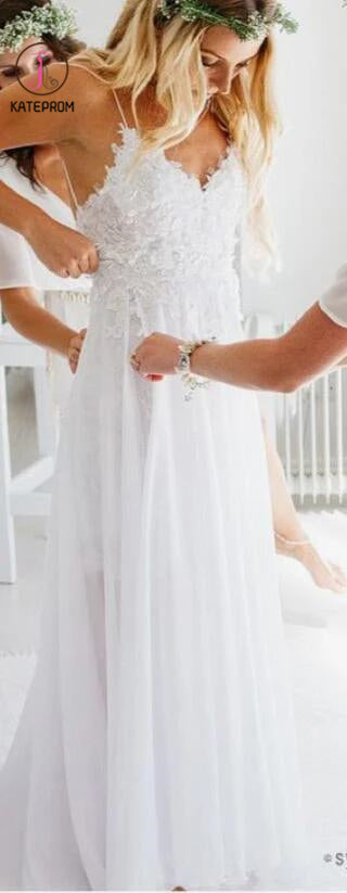 Spaghetti Strap V-neck White Chiffon Lace Appliqued Summer Beach Wedding Dresses,Bridal Dress KPW0055