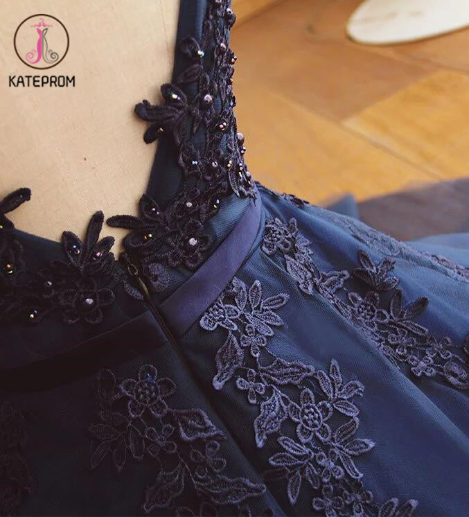 A-line Bridesmaid Dresses,Tulle with Lace Appliqued Navy Blue Short Prom Dresses,Mini Dress KPB0008