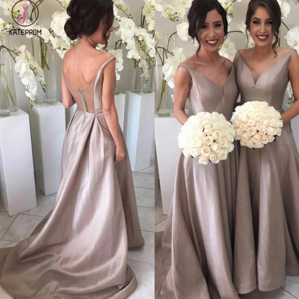 A-line V-neck Backless Sleeveless Taffeta Straps Sweep Train Bridesmaid Dress With Pleats KPB0046