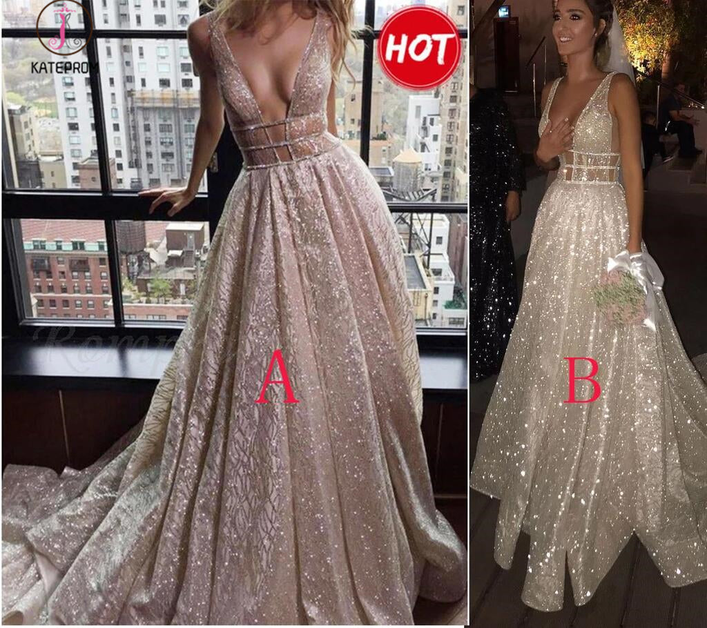 Sexy A-Line Deep V-Neck Court Train Backless Prom Dress with Sequins,Party Dress KPP0424