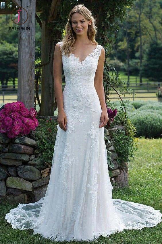 Vintage V Neck Sleeveless Tulle Lace Appliqued Wedding Dress, Long Bridal Dresses KPW0286