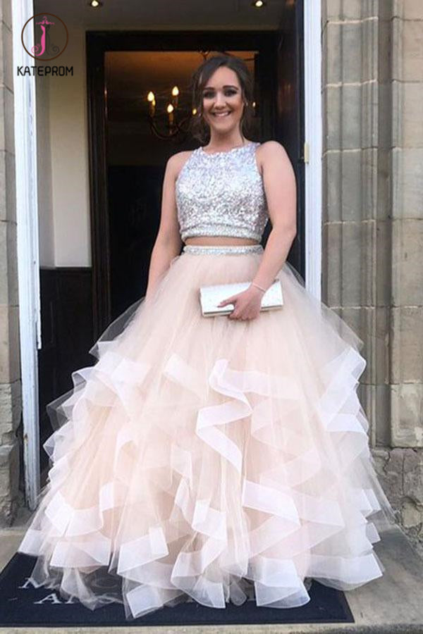 Sparkly Two Piece Long Prom Dress with Open Back, Sequined Tulle Party Dresses KPP0596