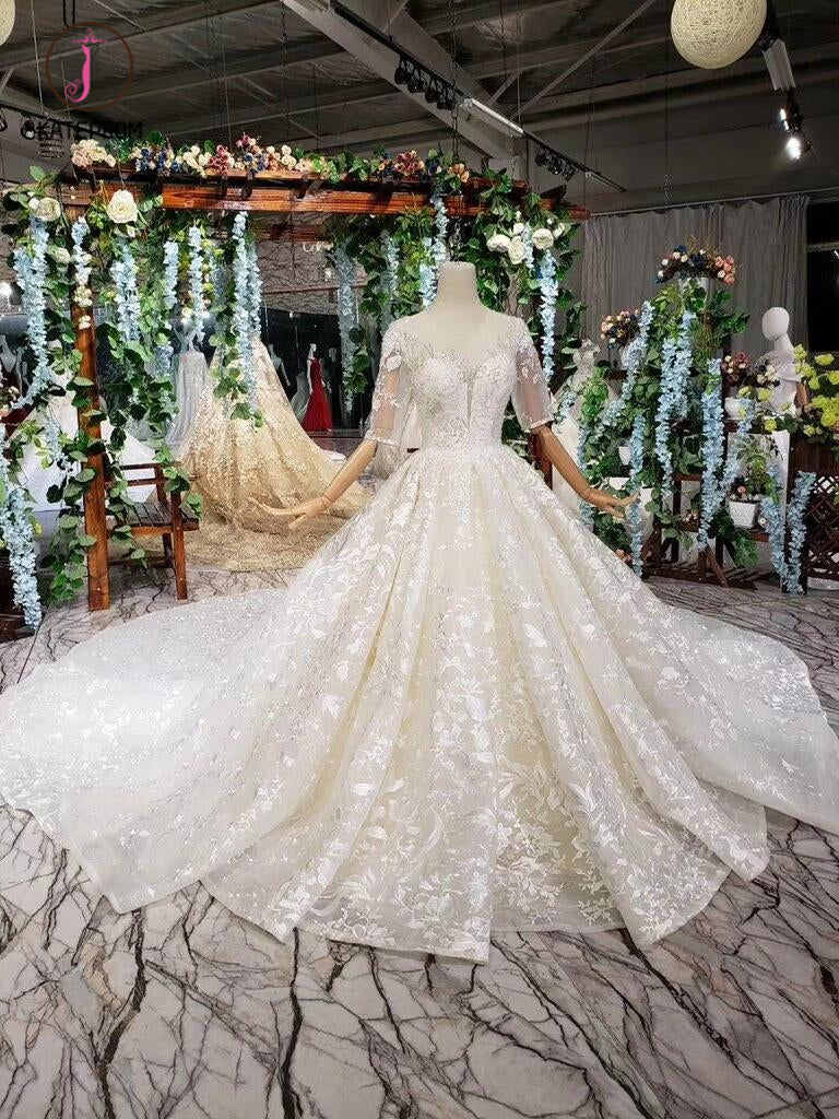 Gorgeous Lace Wedding Dress with Half Sleeves, Ball Gown Long Wedding Dresses KPW0330