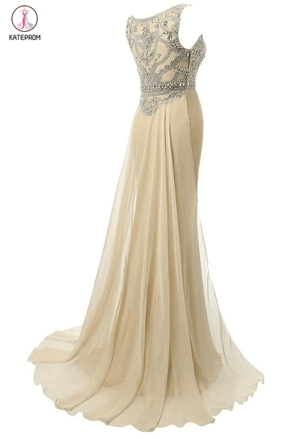 Beauty Mermaid Champagne Long Beaded Prom Party Dresses KPP0025