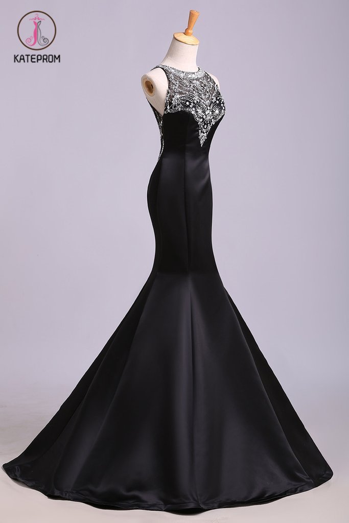 Black Mermaid Sleeveless Beaded Satin Prom Dress, Long Evening Dresses KPP0570