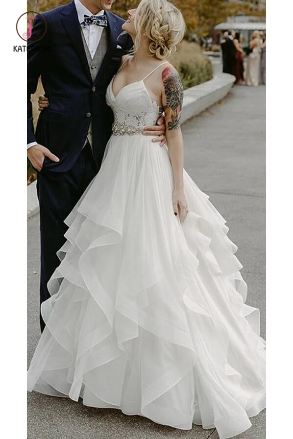 Charming Lace Ruffles Tulle Puffy Spaghetti Strap Wedding Dresses, Beach Wedding Dress KPW0367