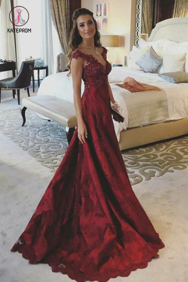 A Line V Neck Sleeveless Appliques Prom Dresses, Dark Red Popular Evening Dresses KPP0615