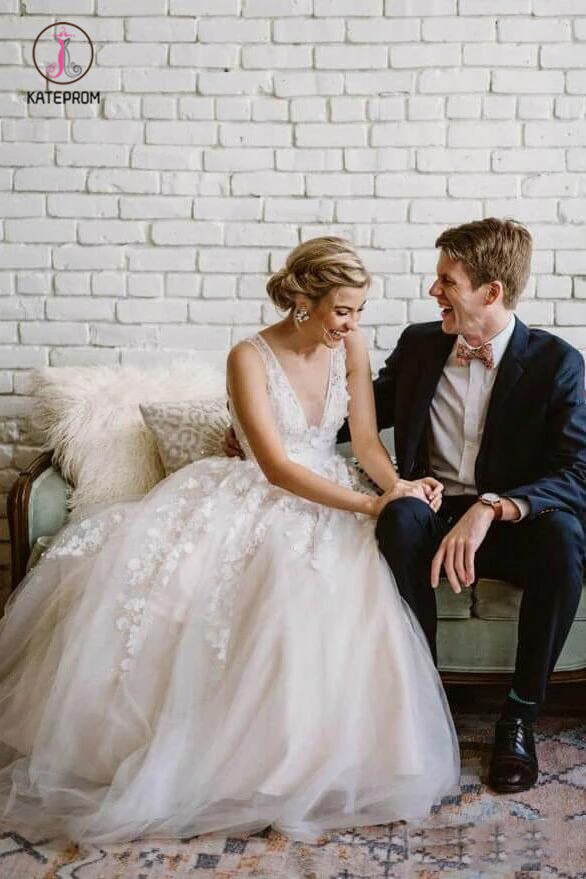 Floor Length V Neck Lace Applique Beach Wedding Dress, Puffy Tulle Wedding Gown KPW0344