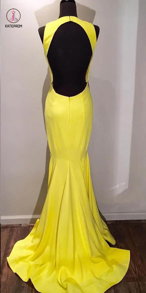 Elegant Yellow Scoop Open Back Sweep Train Mermaid Prom Gown,Formal Dresses KPP0304