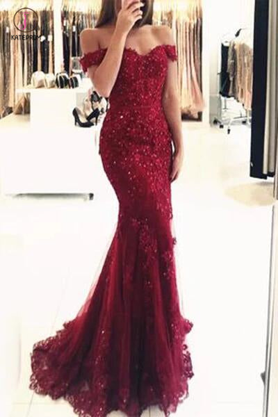 Elegant Burgundy Mermaid Off the Shoulder Beaded Lace Appliques Evening Dresses KPP0382