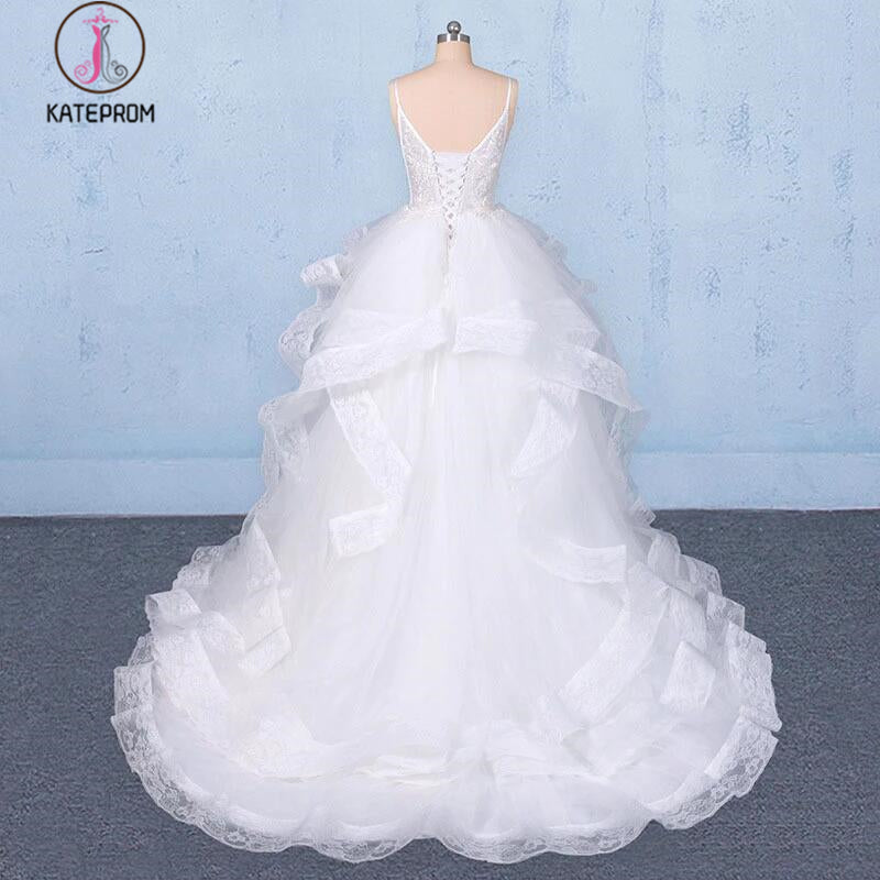 Spaghetti Straps Floor Length Tulle Wedding Dress with Ruffles, Long Bridal Dress KPW0489