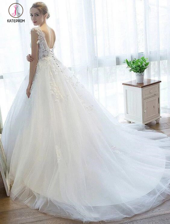 Ball Gown V Neck Tulle Court Train Appliques Lace Backless Cap Sleeve Bridal Dresses KPW0267