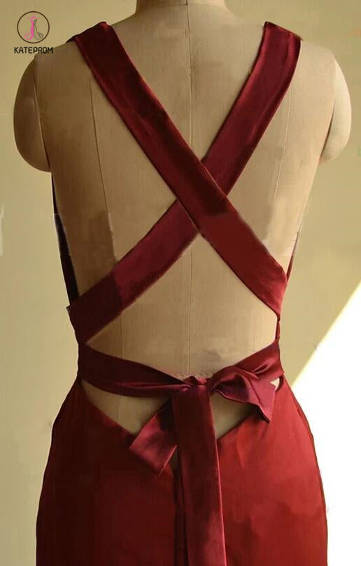 Sexy Burgundy Mermaid Deep V-neck Sleeveless Criss-Cross Straps Prom Dresses KPP0345