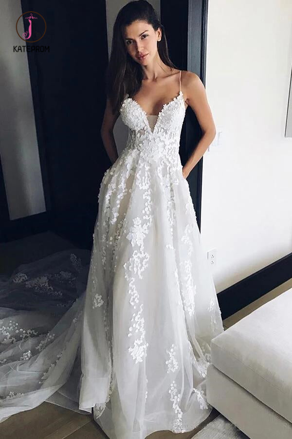 Spaghetti Strap V Neck Beach Wedding Dress with Court Train, Tulle Bridal Dress with Lace KPW0328