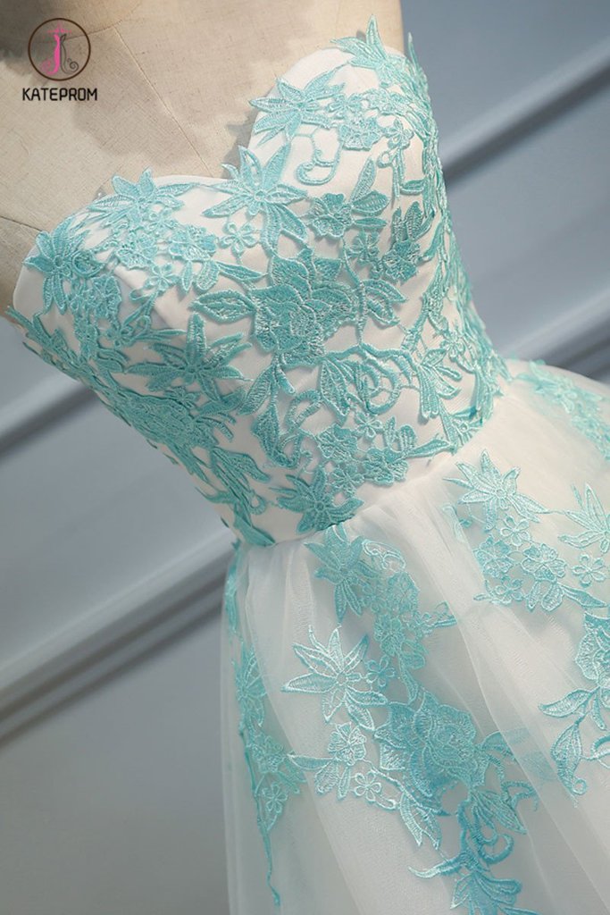Ivory Sweetheart Homecoming Dress with Mint Appliques, Strapless Tulle Short Party Dress KPH0226