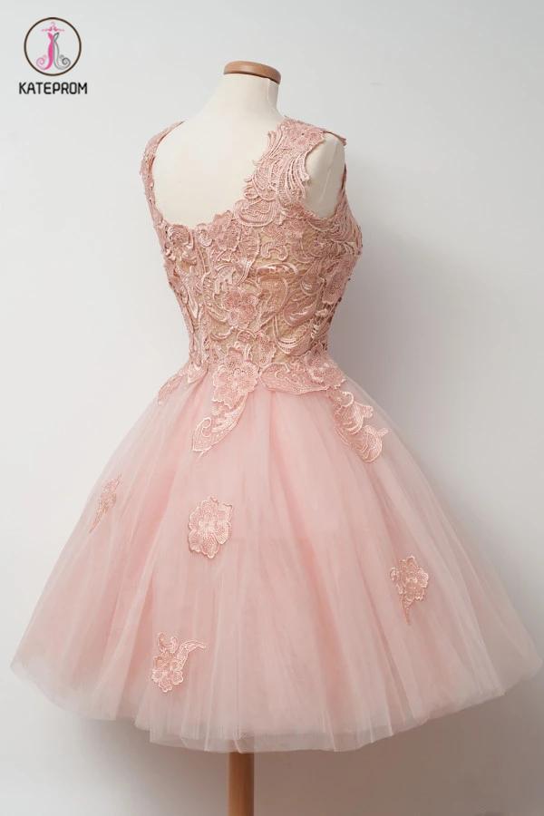 A-Line V-Neck Pink Cocktail Dress,Tulle Homecoming Dress with Appliques,Short Prom Dresses KPH0142