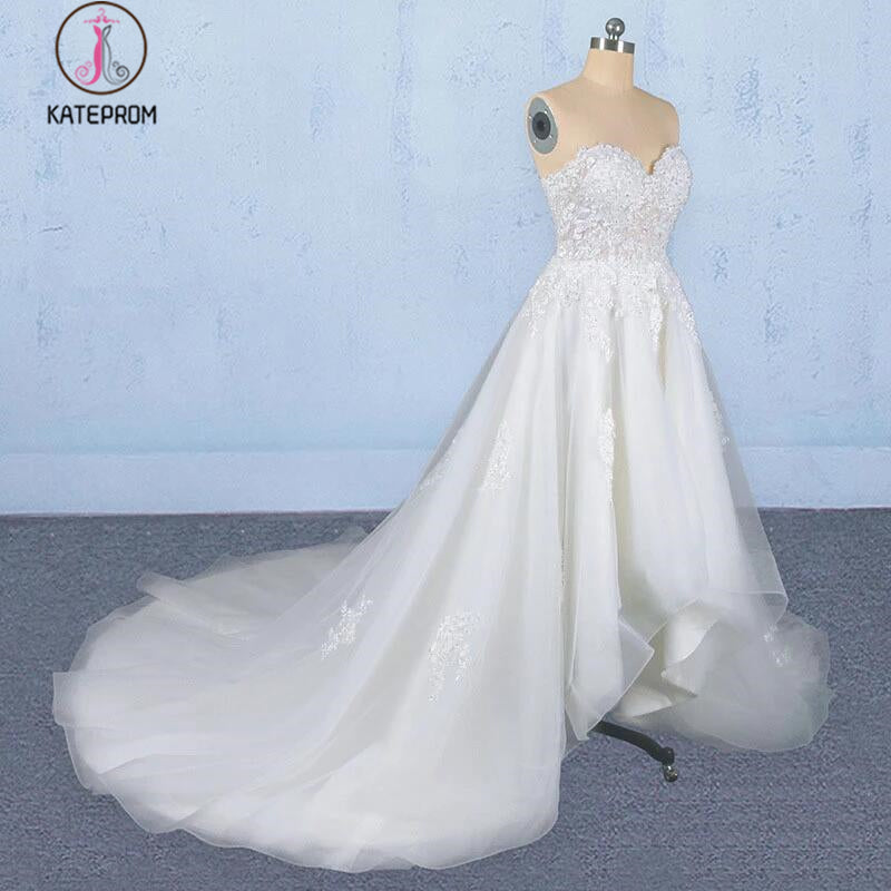 Off White Sweetheart High Low Tulle Appliques Wedding Dresses with Train KPW0488