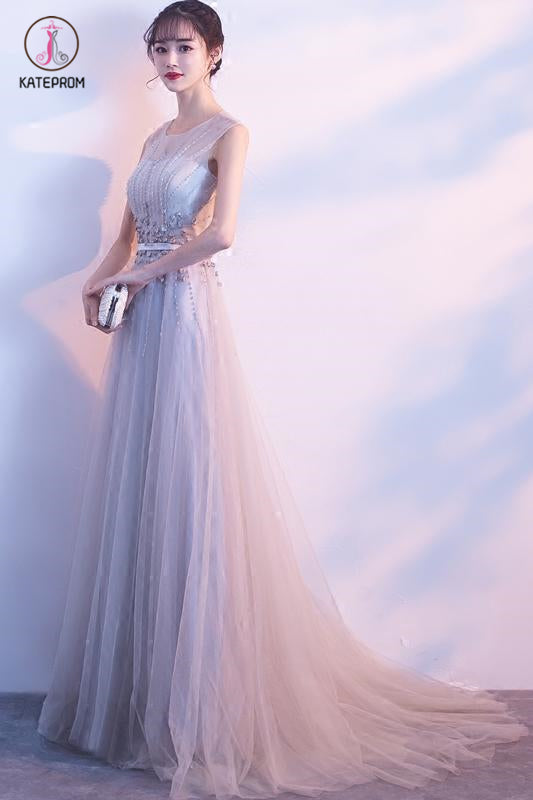 Gray Sleeveless Tulle Long Prom Dress with Beads, A Line Formal Dress with Flowers KPP0510