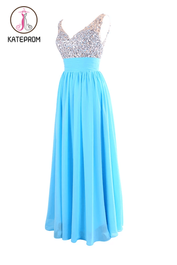 V-neck Chiffon Long Blue Prom/Evening Dress With Beading KPP0122
