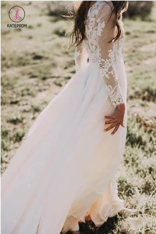 Long Sleeve Rustic Weding Dresses Lace Appliqued Ivory Chiffon Beach Wedding Dress KPW0409