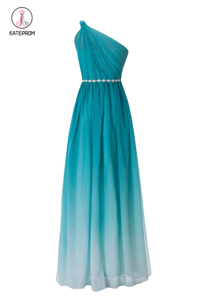 Turquoise Gradient Ombre One Shoulder Chiffon Ruched Dress with Beaded Embellished Belt KPB0093