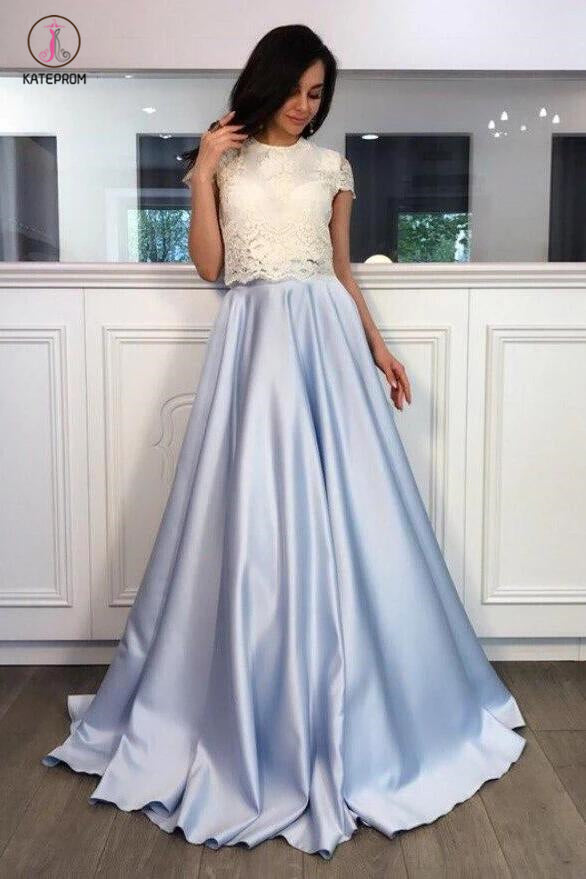 A-line Light Blue Two Piece Short Sleeves Round Neck Satin Prom Dress with Lace KPP0378