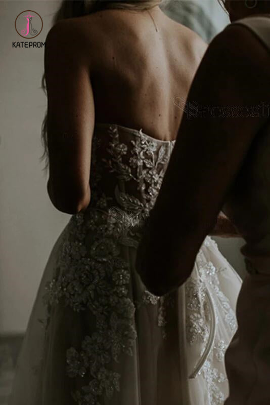 Ivory Lace Applique Tulle Sweetheart Strapless A-Line Beach Wedding Dresses KPW0375