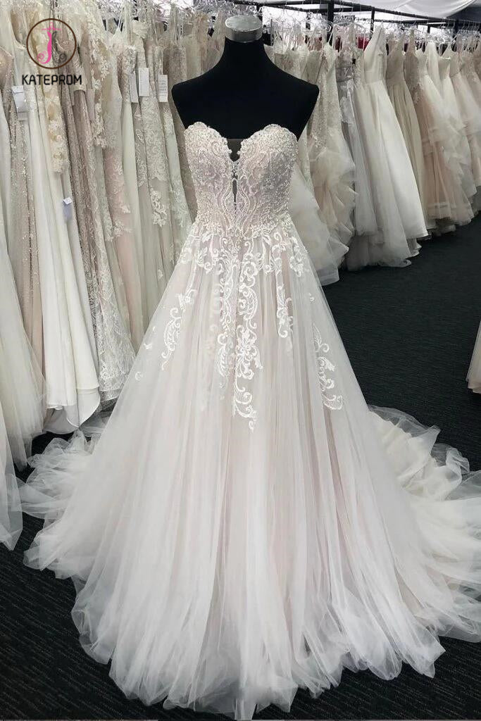 Ivory Sweetheart Tulle Wedding Dress with Lace Appliques, Long Bridal Dresses KPW0323