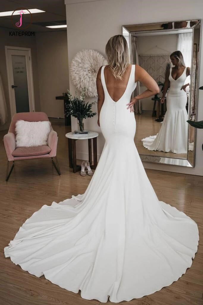 Simple V Neck Mermaid Wedding Dress with Long Train, Sexy Backless Beach Wedding Dress KPW0354