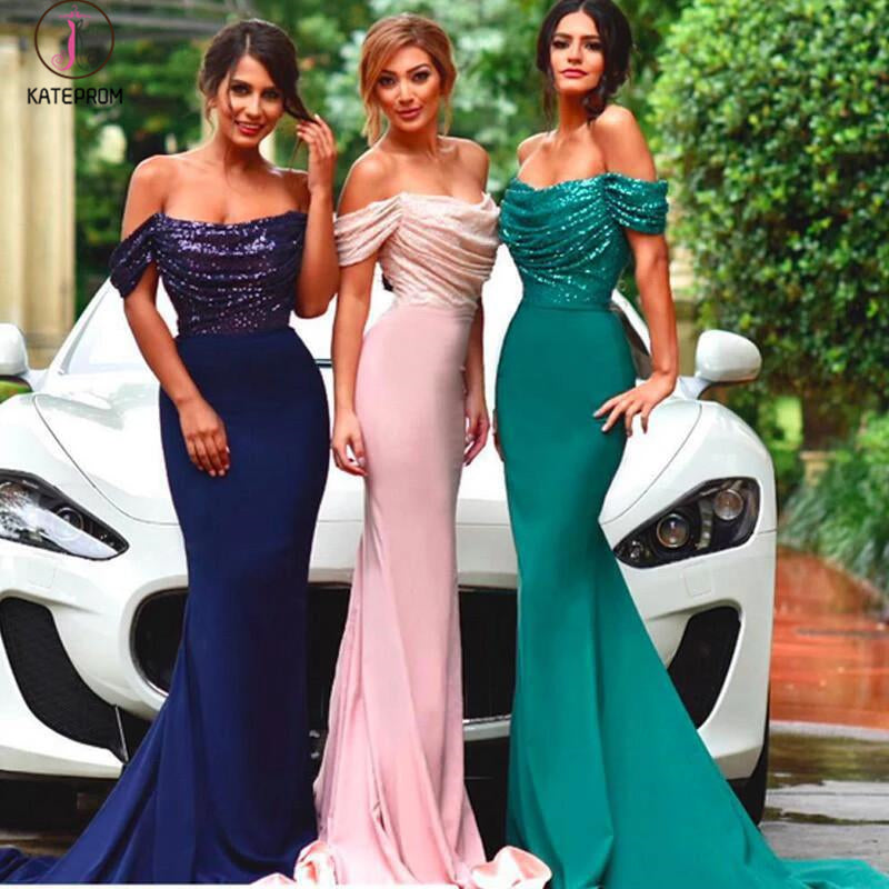 Royal Blue Mermaid Off the Shoulder Sequin Long Prom Dress Sexy Bridesmaid Dress KPB0082