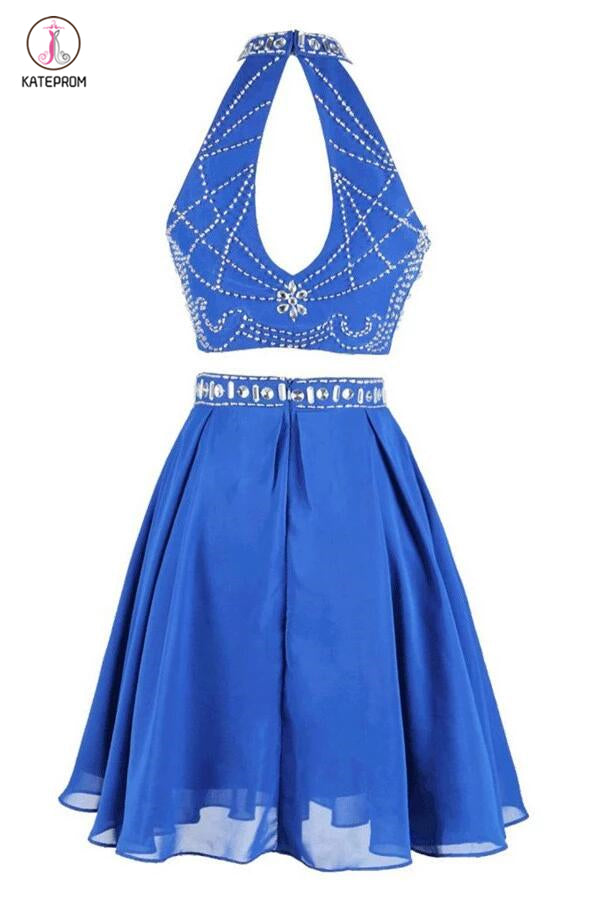 Two-piece High Neck Short Blue Chiffon Prom Dresses Homecoming Dresses KPH0026