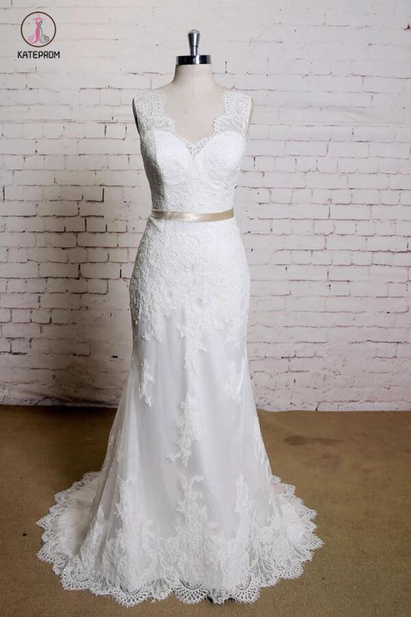 Sheath V Neck Sleeveless Lace Bridal Dress, Sweep Train Tulle Beach Wedding Gown with Sash KPW0197