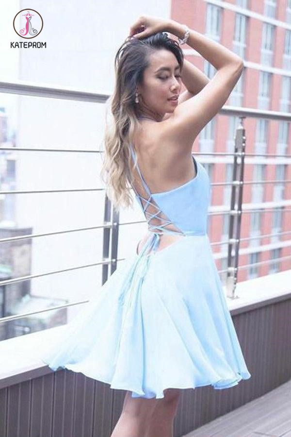A-Line Halter Criss-Cross Straps Blue Chiffon Homecoming Dress with Pleats,Short Blue Dress KPH0256