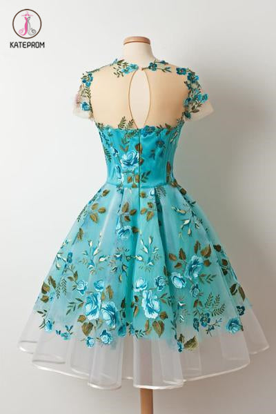 New Short Sleeves Unique Homecoming Dress,Appliqued Blue Short Prom Dresses KPH0170
