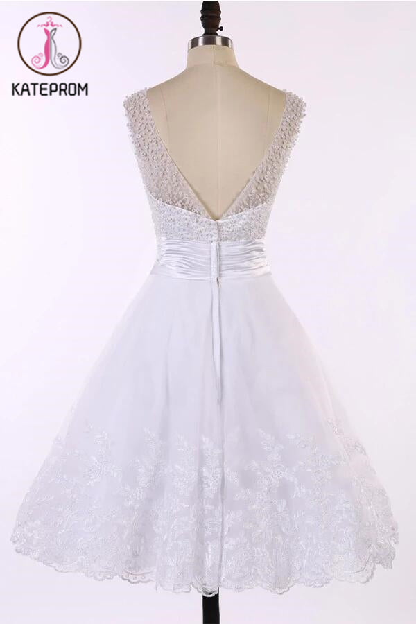 V-neck Ivory Lace Prom Dress Homecoming Dresses KPH0064