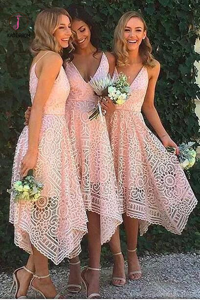 Pink V-neck Straps Tea Length Asymmetrical Lace Bridesmaid Dress,Midi Homecoming Dress KPB0004