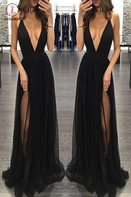 Sexy Spaghetti Straps Deep V-neck Sleeveless Black Prom Dress,Tulle Prom Party Dress KPP0294