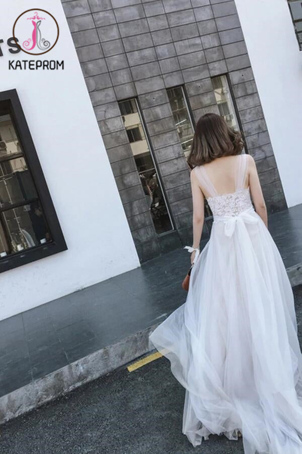 Newest Applique Simple Tulle Wedding Gown,Beach Wedding Dress With Train KPW0052