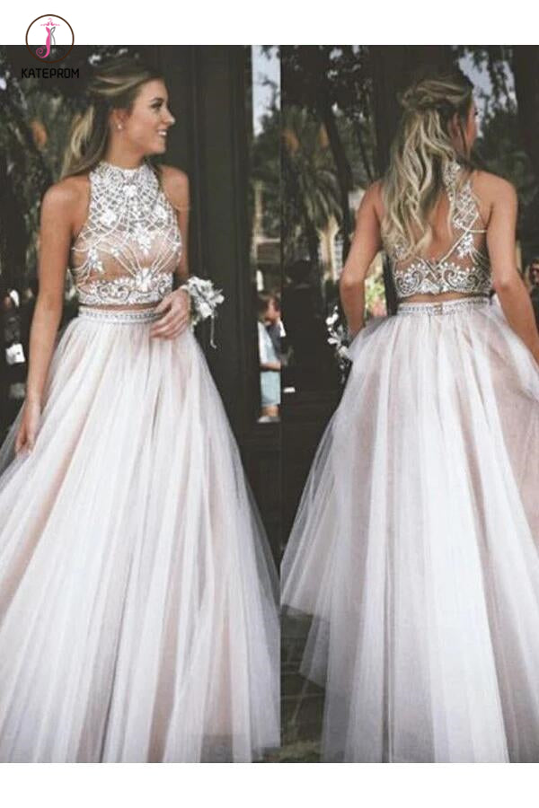 Two Piece A-Line Ivory Sleeveless High Neck Tulle Beading Long Prom Dresses KPP0429