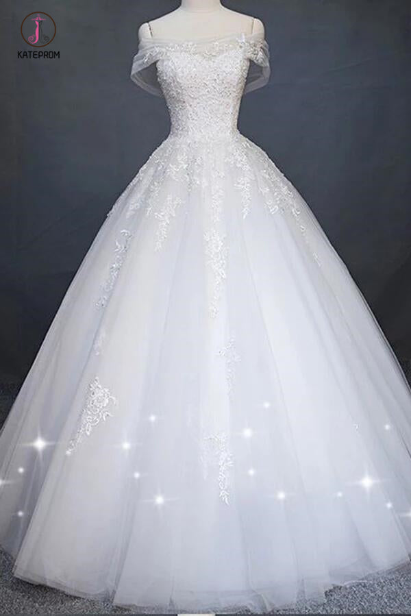 White Princess Off Shoulder Tulle Wedding Dress, Floor Length Appliqued Bridal Dress KPW0236