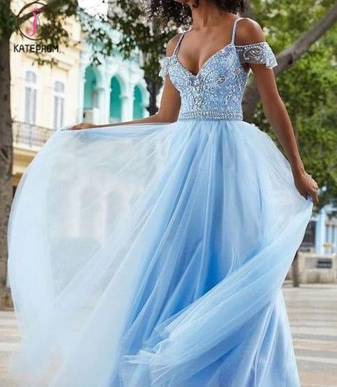 Floor Length Light Blue Straps Off Shoulder Tulle Prom Dress with Beading KPP0603