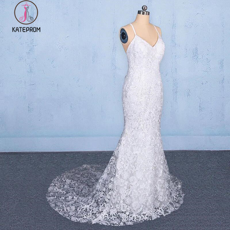 Elegant V Neck Lace Wedding Dresses, Mermaid Backless Lace Bridal Dress KPW0490
