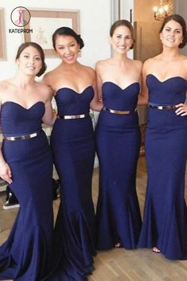 Long Dark Blue Sweetheart Bridesmaid Dress, Long Mermaid Strapless Prom Gown with Belt KPB0124