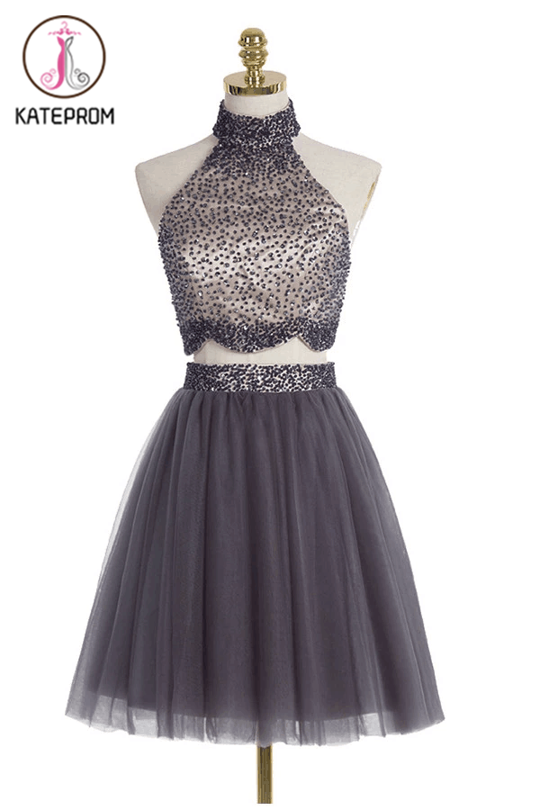 Two piece High Neck Gray Beading Homecoming Dresses KPH0079