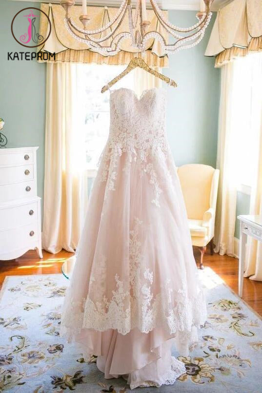 Light Pink Sweetheart Wedding Gown,Tulle Beach Wedding Dress,Lace Appliqued Bridal Dress KPW0045