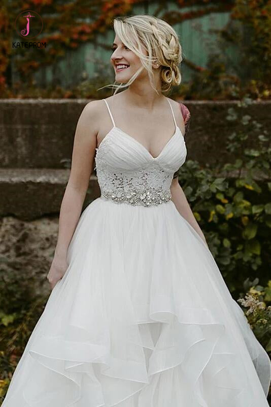 Charming Lace Ruffles Tulle Puffy Spaghetti Strap Wedding Dresses, Beach Wedding Dress KPW0367