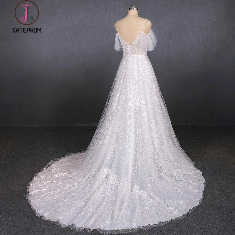 Elegant Sexy Spaghetti Straps Lace Wedding Dress, A Line V Neck Beach Wedding Dress KPW0495